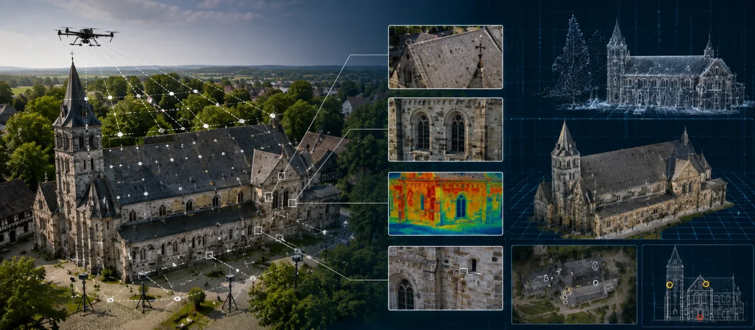 Digitale Bestands- und Zustandsdokumentation eines historischen Kirchengebäudes mit Luftaufnahme, Detailansichten, Thermografie und 3D-Darstellung.