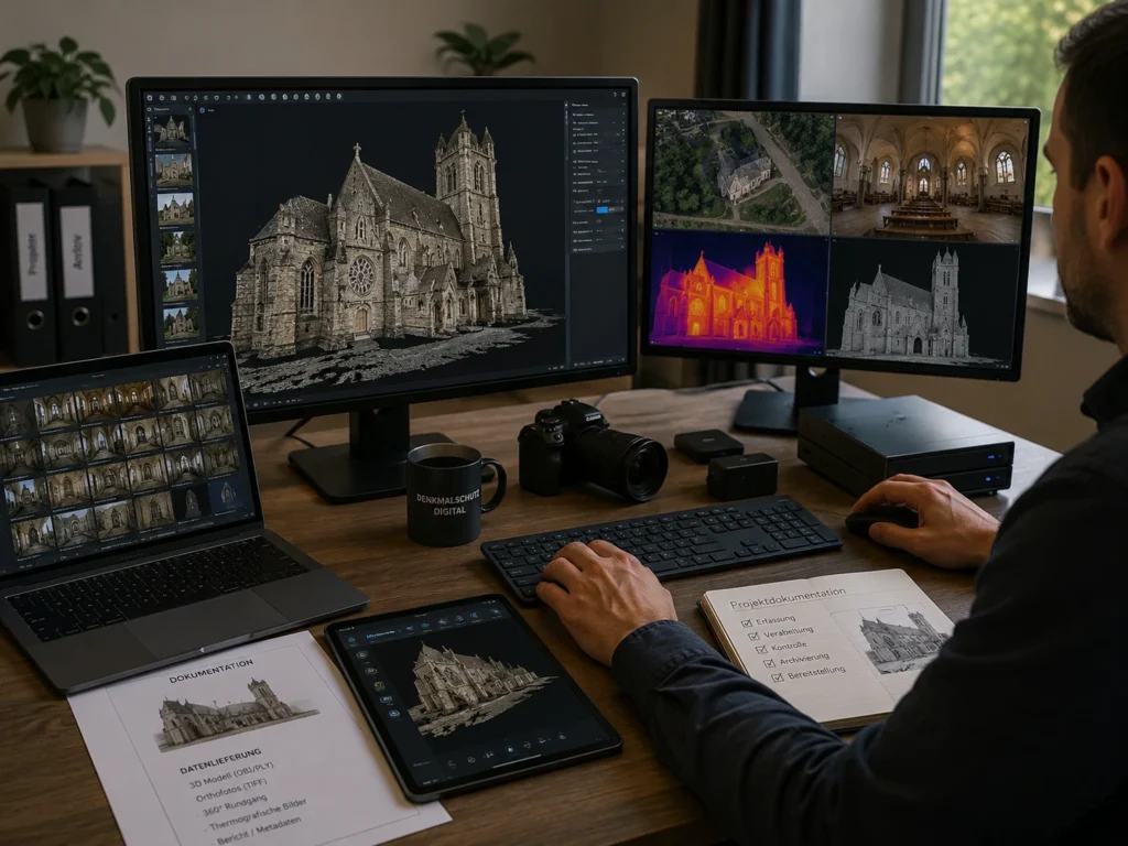 Aufbereitung digitaler Denkmaldaten mit 3D-Modell, Orthofoto, 360°-Ansichten und thermografischer Darstellung eines historischen Gebäudes
