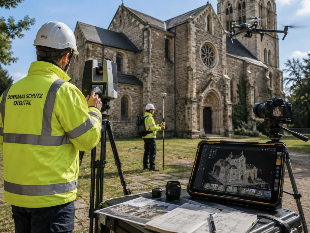 Digitale Erfassung einer historischen Kirche mit Laserscanner, Drohne, Kamera und Tablet während der Dokumentation vor Ort.