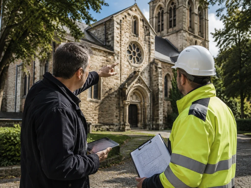 Zwei Personen bei der Vor-Ort-Planung an einer historischen Kirche, eine davon in Schutzkleidung, während Aufnahmebereiche und Abläufe abgestimmt werden.