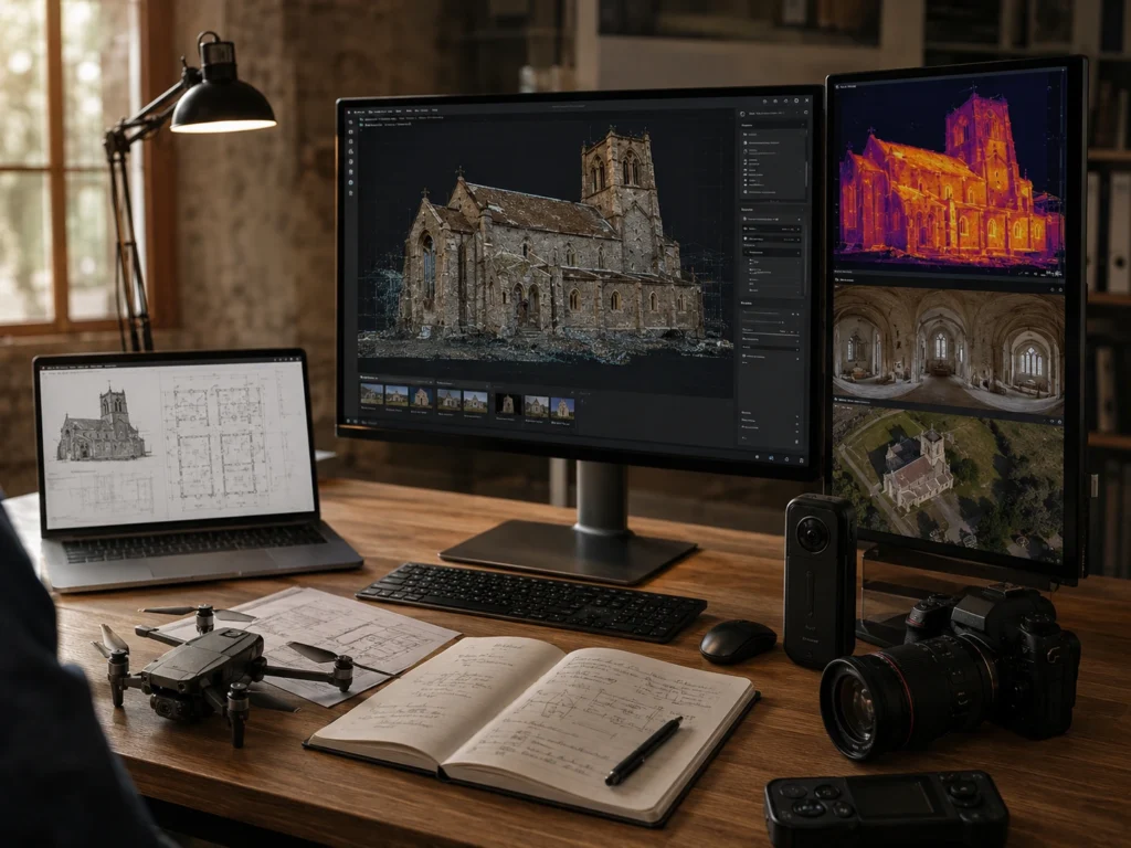 Technischer Arbeitsplatz zur Planung eines individuellen Erfassungskonzepts mit 3D-Modell, Thermografie, 360°-Ansicht, Drohne und Kamera.
