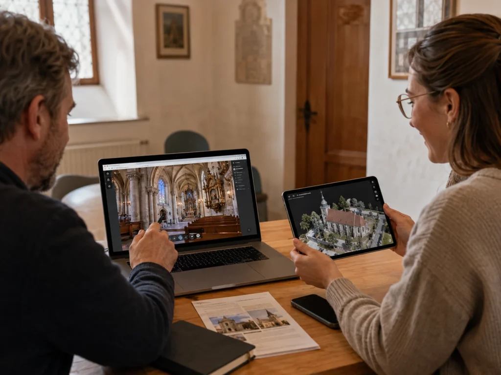 Übergabe digitaler Denkmaldokumentation mit virtuellem Rundgang und 3D-Modell auf Laptop und Tablet.
