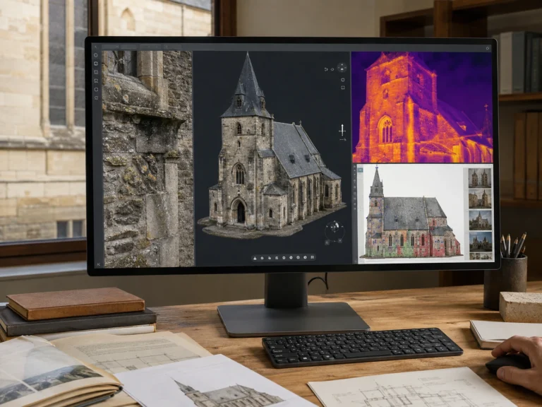 Monitor mit Detailaufnahme, digitalem 3D-Modell, Thermografie und strukturierter Zustandskartierung einer historischen Kirche