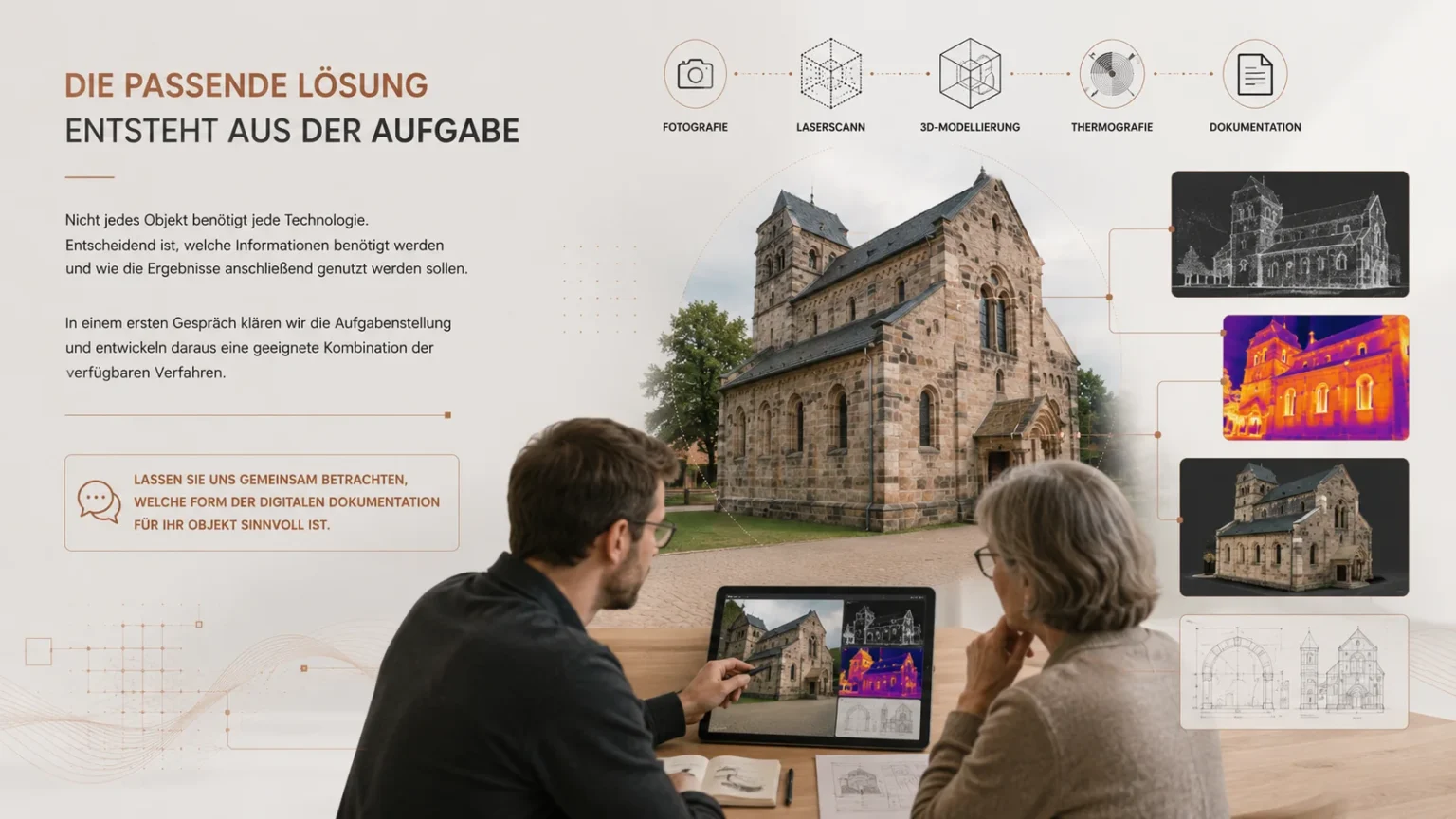 Beratung zur Auswahl geeigneter Verfahren für die digitale Dokumentation eines historischen Bauwerks.