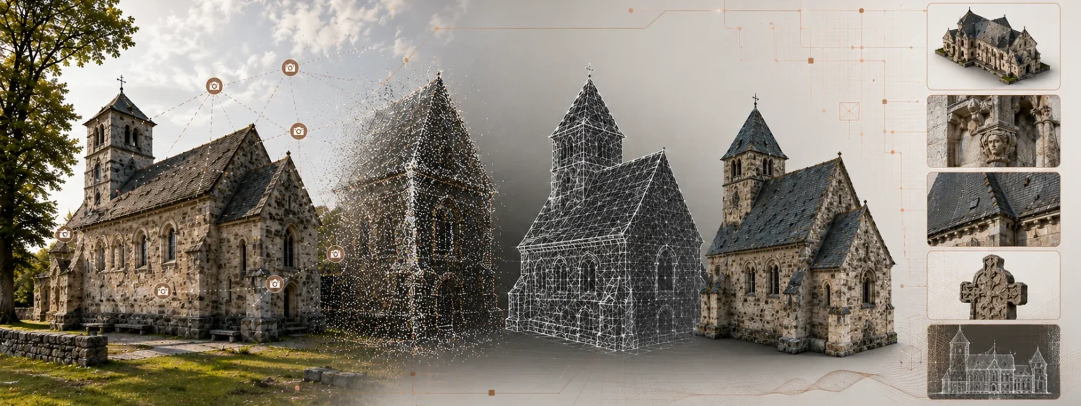 Photogrammetrische Erfassung eines historischen Gebäudes mit Aufnahmepositionen, Punktwolke, Mesh und texturiertem 3D-Modell.