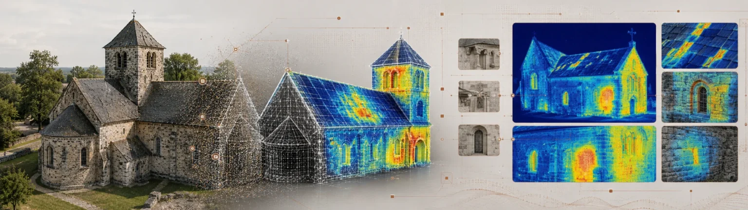 Thermografische Dokumentation eines historischen Kirchengebäudes mit Wärmebild- und Detailansichten.