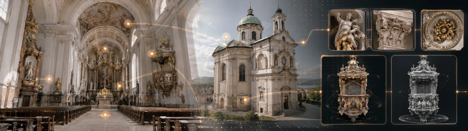 Virtueller Rundgang durch eine historische Kirche mit verknüpften Detailansichten und digitalem 3D-Modell in moderner Hightech-Darstellung.